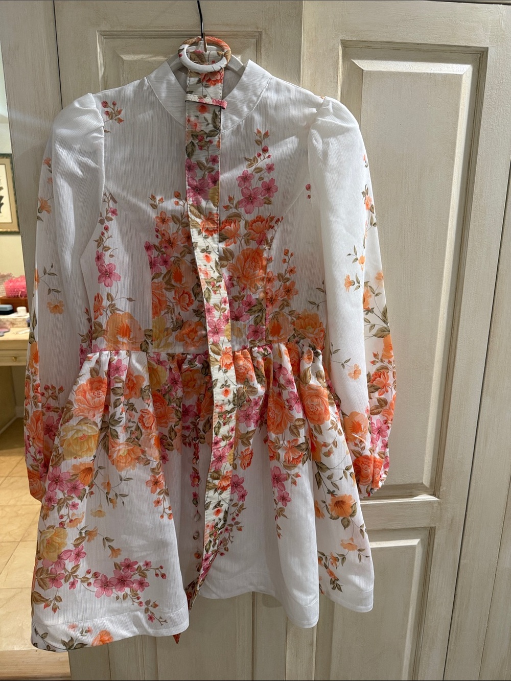 Girls Floral Button-Front Dress - White with Pink & Orange Blossoms